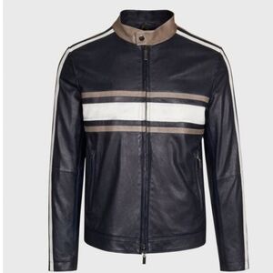 Phineas Cole Leather Riding Jacket with Stripe, Dark Blue